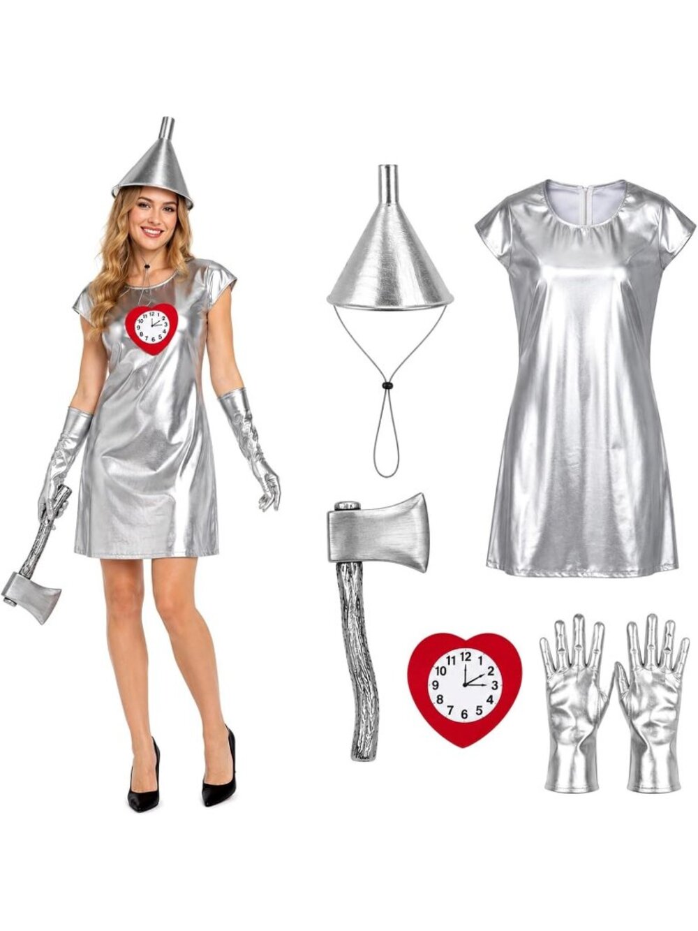 Women's Silver Funnel Hat Axe Heart Clock Dress Glove Halloween Fairytale Outfit